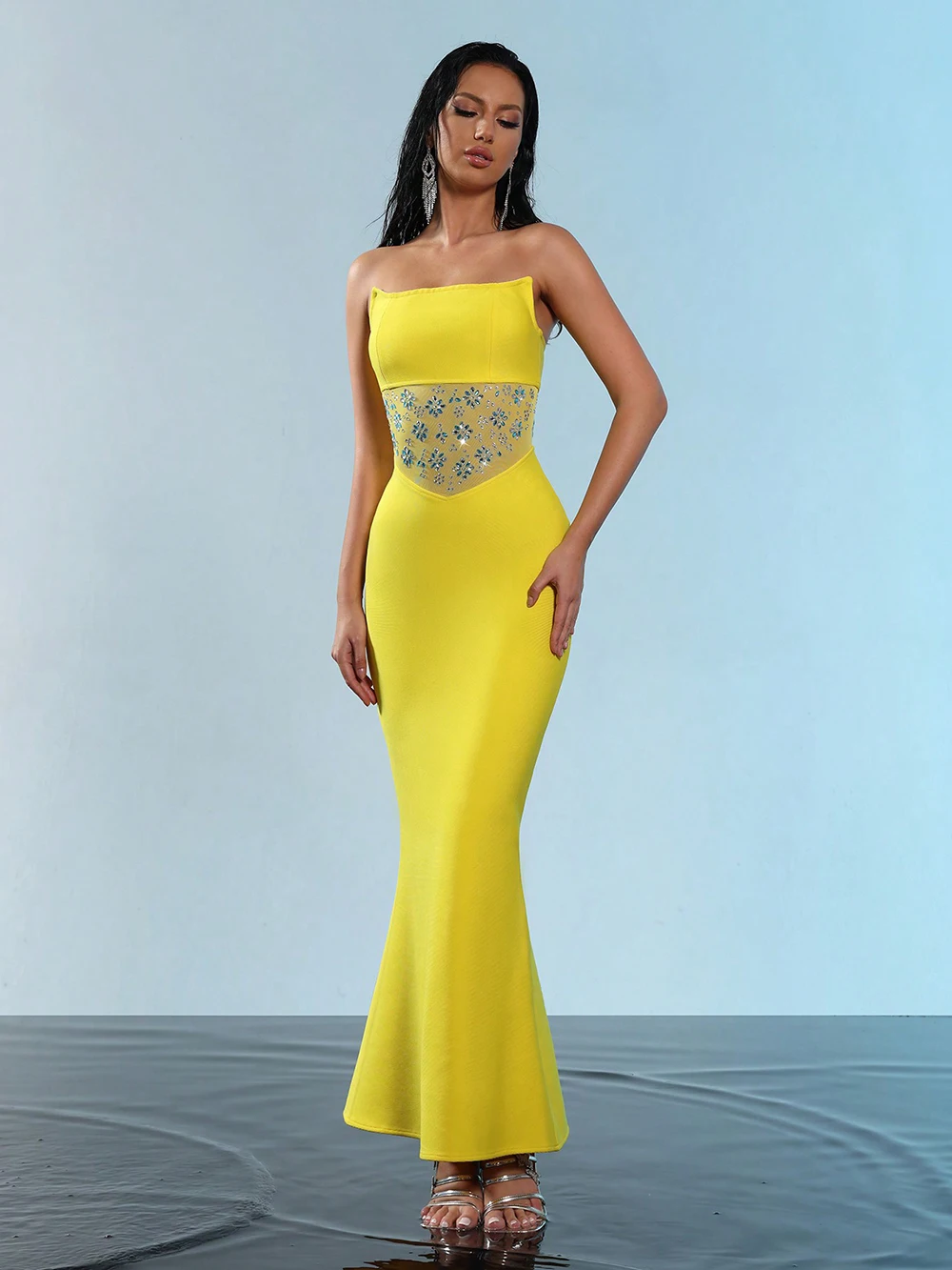 Modphy 2024 бандажное платье женское сетчатое с бриллиантами в стиле пэчворк без