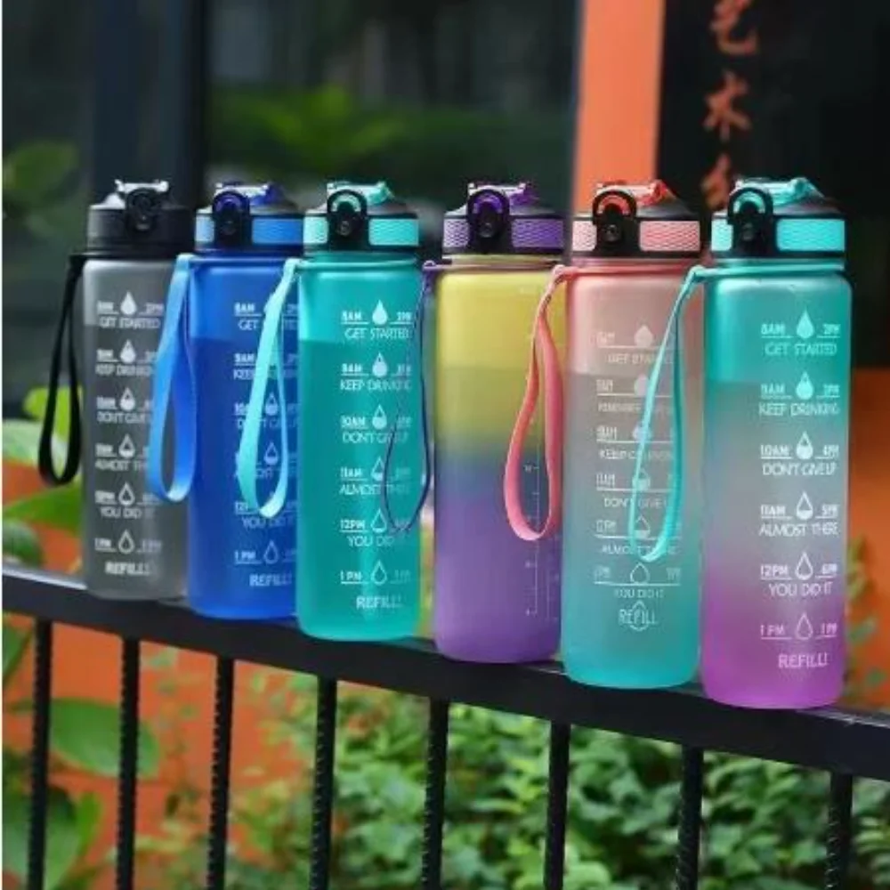 

1L Water Bottle with Time Marker Motivational Reusable Fitness Sports Outdoors Travel Leakproof BPA Free Frosted Plastic