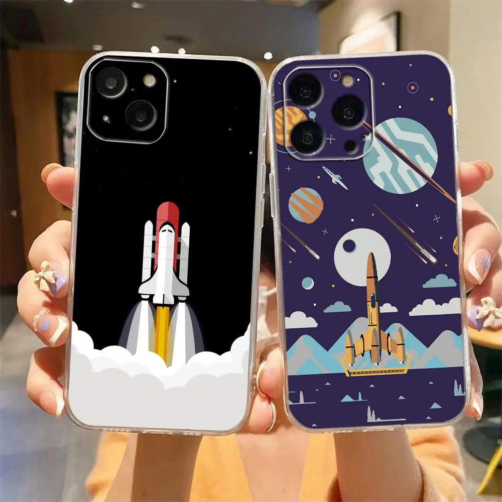 

Coque Funda Clear Case for Apple iPhone 14 11 12 13 7 8 SE X XR XS Pro Max Mini Plus TPU Case Capa Para Cover Rocket Spaceship