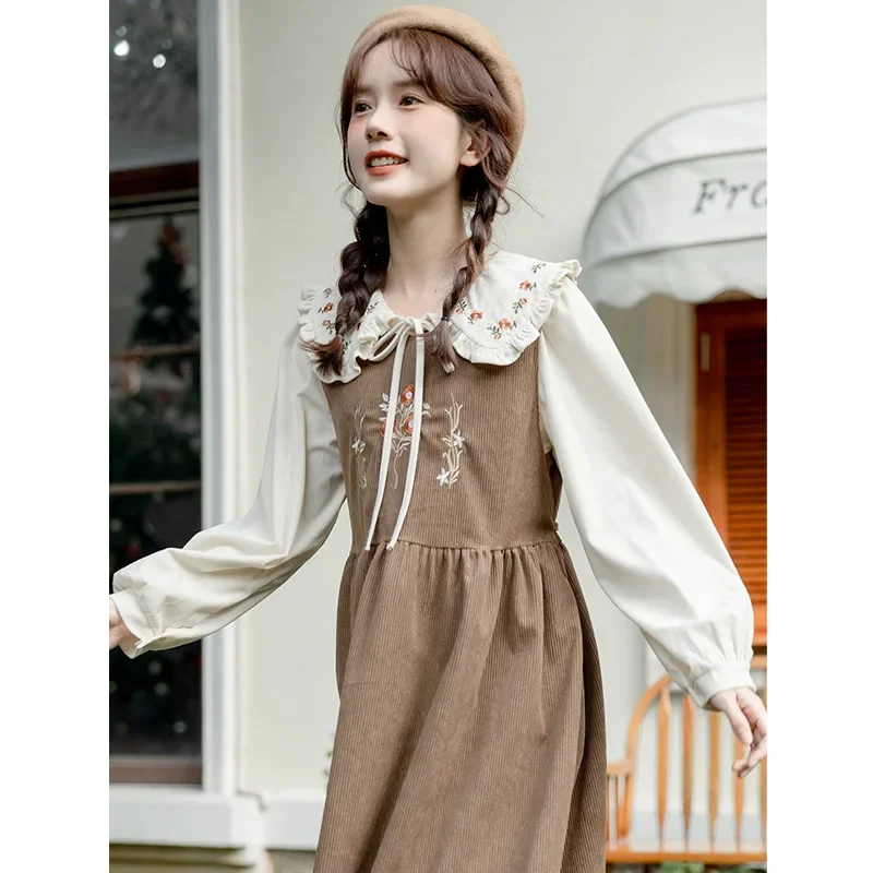 Милый возрастной художественный комплект платья с длинными рукавами и вышивкой
