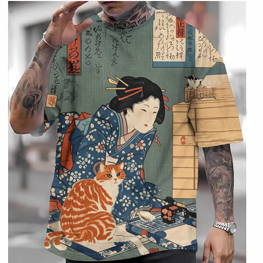 Летняя мужская футболка в японском стиле Ukiyo-e Графические футболки с 3D принтом