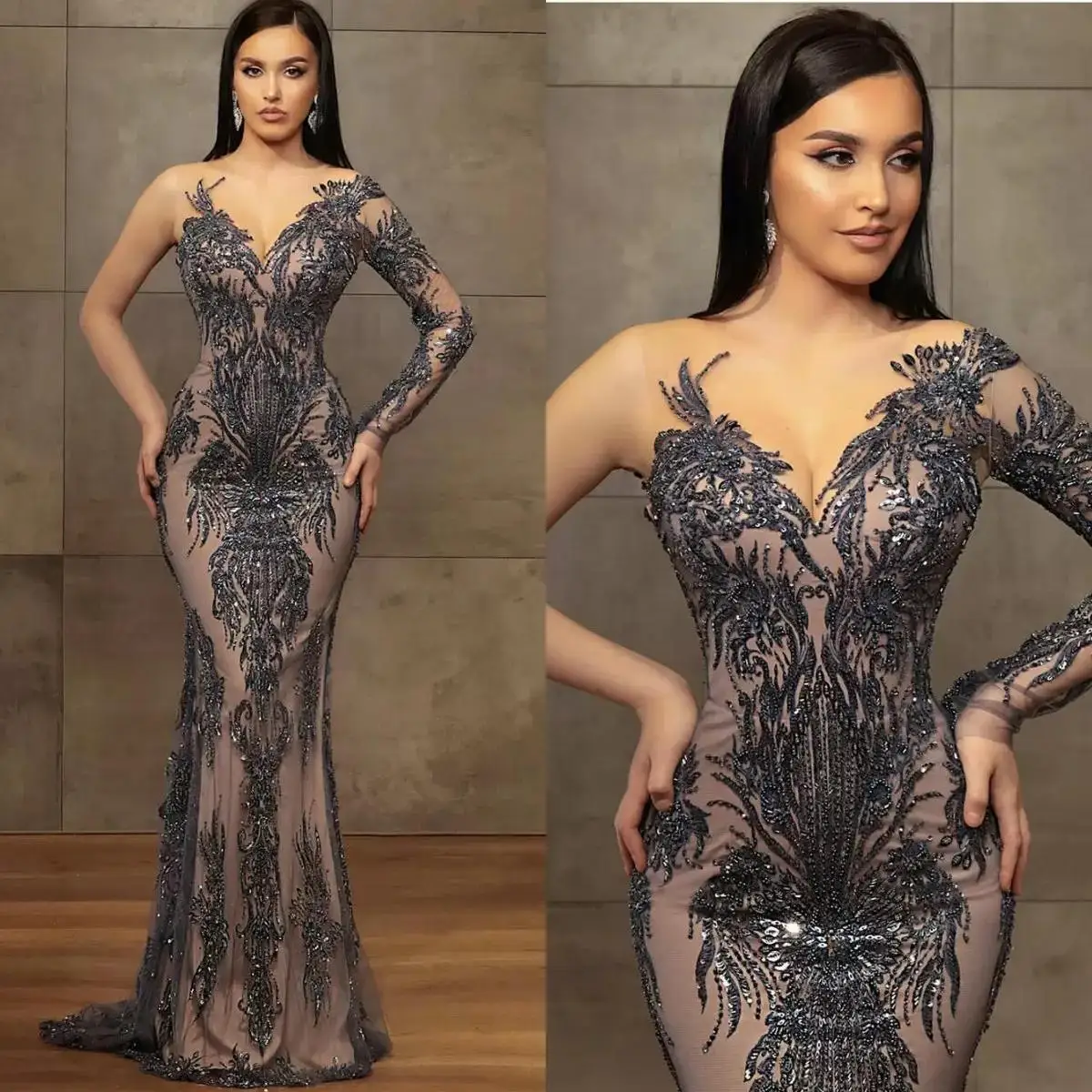 

Vestidos De Noche Women Illusion Neck Mermaid Evening Dresses 2022 Long Sleeve Applique Beading Elegant Prom Gowns For Party