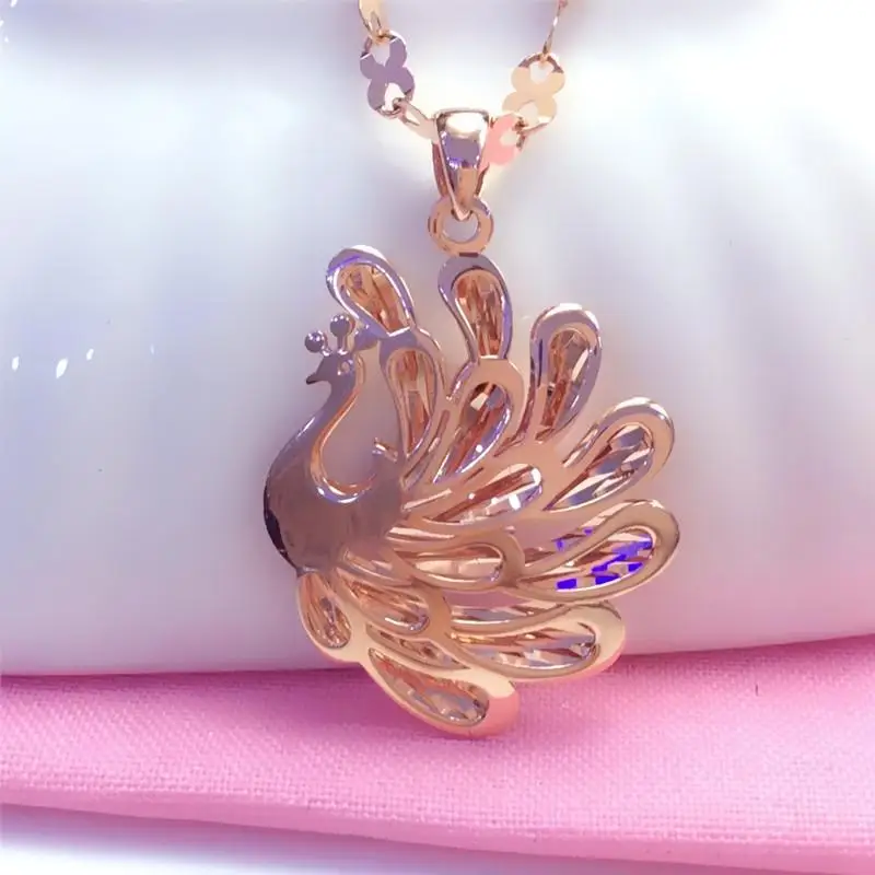 

New 585 Purple Gold Ethnic Style Necklace Russian Female Rose Gold Sparkling Peacock Pendant earrings for women