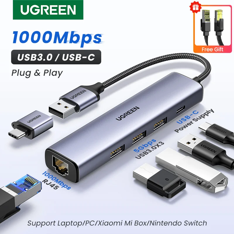 UGREEN USB Ethernet Adapter 1000/100Mbps USB3.0 HUB RJ45 Lan per PC portatile Xiaomi Mi Box Macbook Windows USB-C HUB scheda di rete