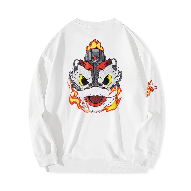 

Harajuku Hoodies Men Chinese Lion Embroidery Crewneck Sweatshirt Men Women Vintage Casual Hoodies Flame Loose Youth Streetwear