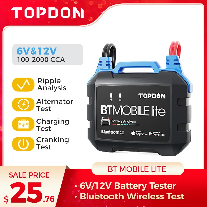 

TOPDON Bluetooth Battery Tester 12V Car Wireless Cranking Charger Circut Tester Auto Analyzer Vehicle 100-2000CCA BT Mobile Lite