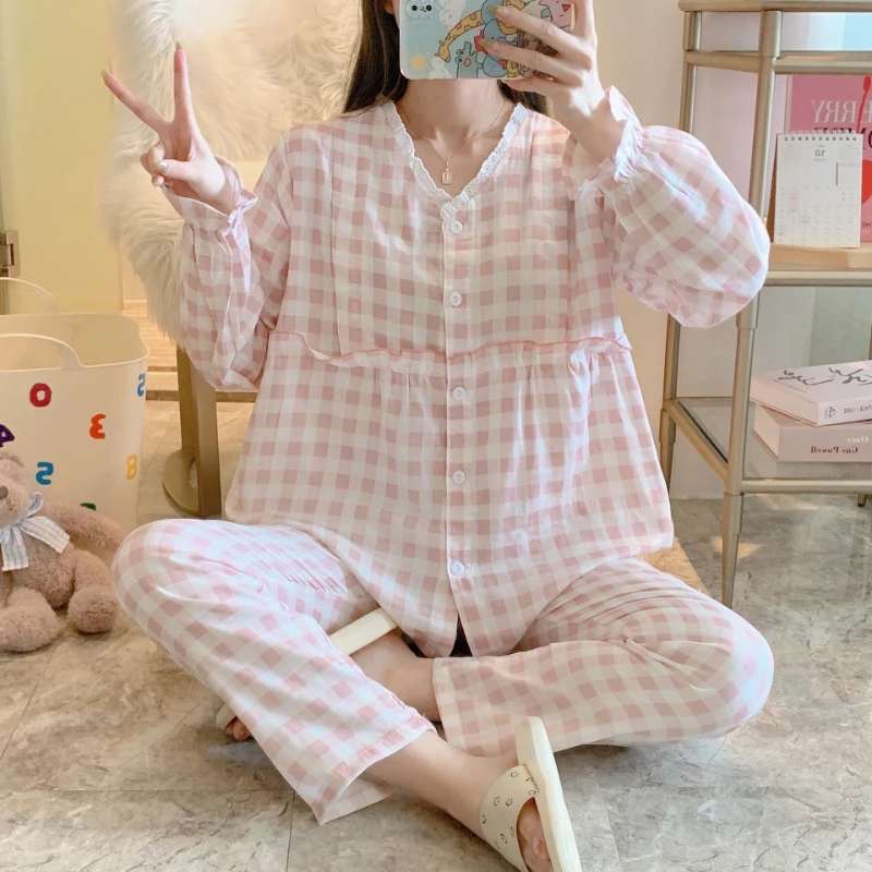 Women 4XL Confinement Clothes Nursing Pajamas Cotton Plaid V-Neck Button Suit Grid Suit Autumn Thin Breastfeeding Sleepwear Set