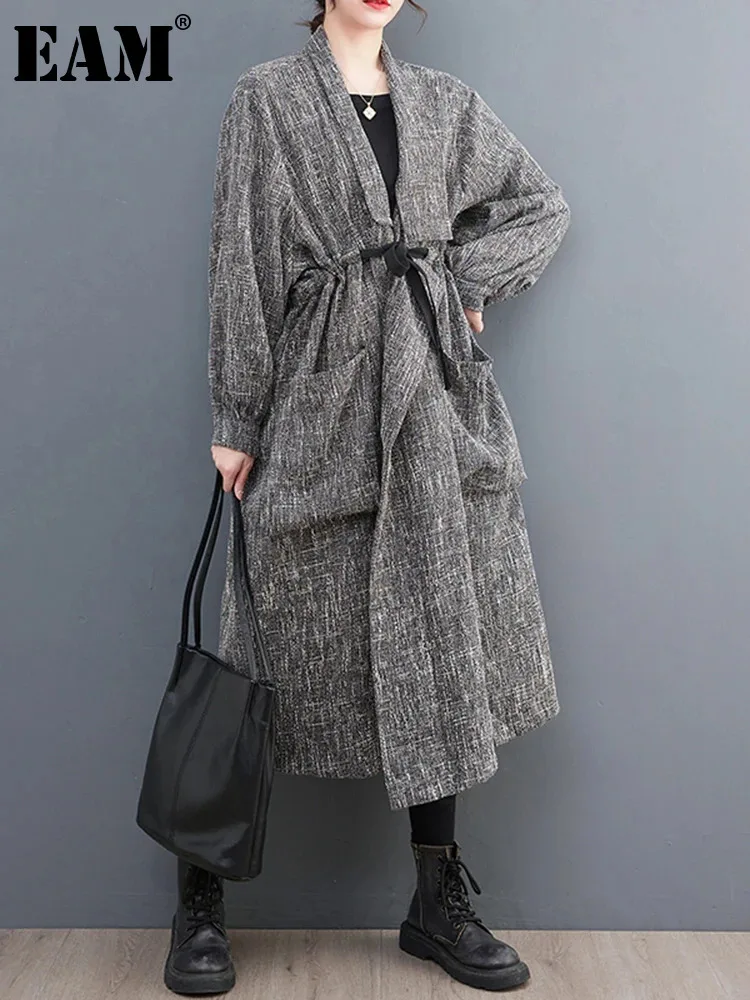 EAM женский серый Тренч большого размера новый ветровка с нерегулярными лацканами