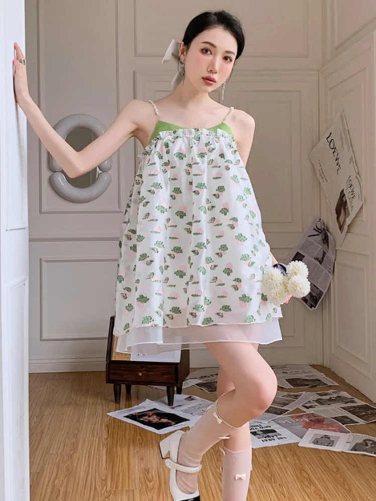 

Stitching Contrast Color Green Floral Suspender Mini Loose Dress For Women 2022 Summer New Female Cute Clothes B932