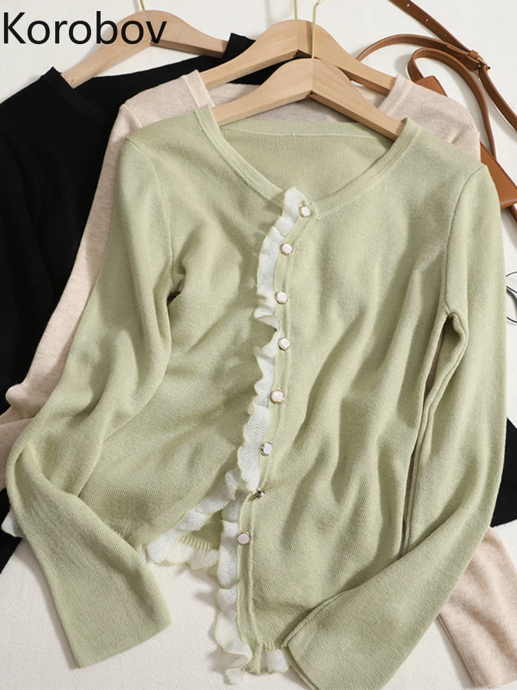 

Милые простые вязаные топы Korobov, характерные мягкие женские однобортные кардиганы с длинными рукавами и боковыми вставками