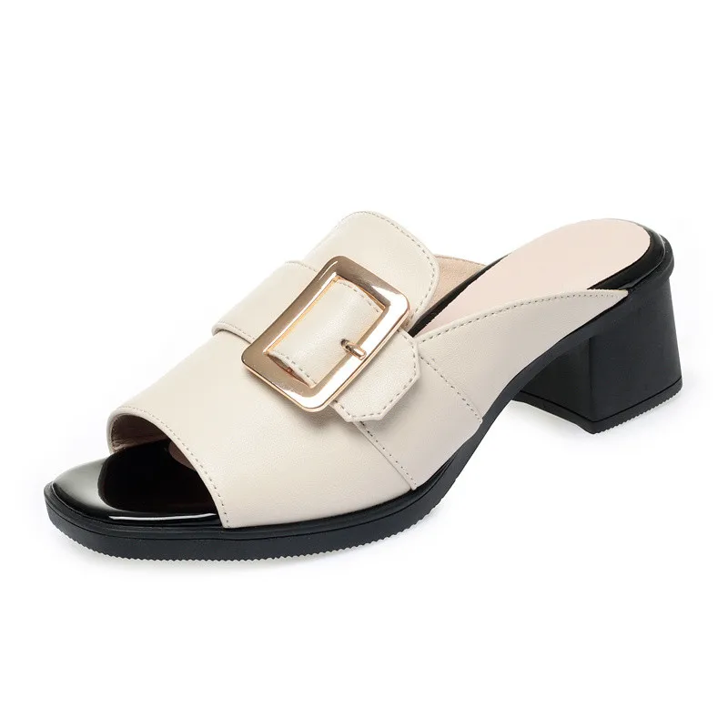 Women Slides Genuine Leather Summer New Style Square Buckle Large Size Women's Slippers Mid-heel Red Fashion Slippers Women