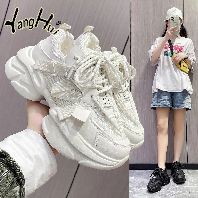 

Mesh Breathable Durable Elevated Thick Bottom Sneakers 2023 Fashion Anti-slip Solid Color Sports Shoes for Women Spring Autumn