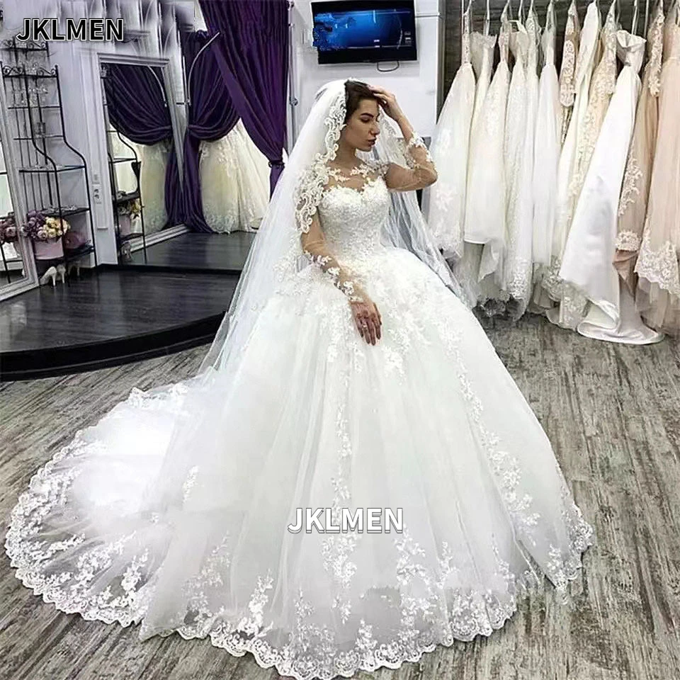 

Illusion Round Neck Long Sleeve High Waist Wedding Dresses Vintage Lace Corset Back Court Train Bridal Ball Gown