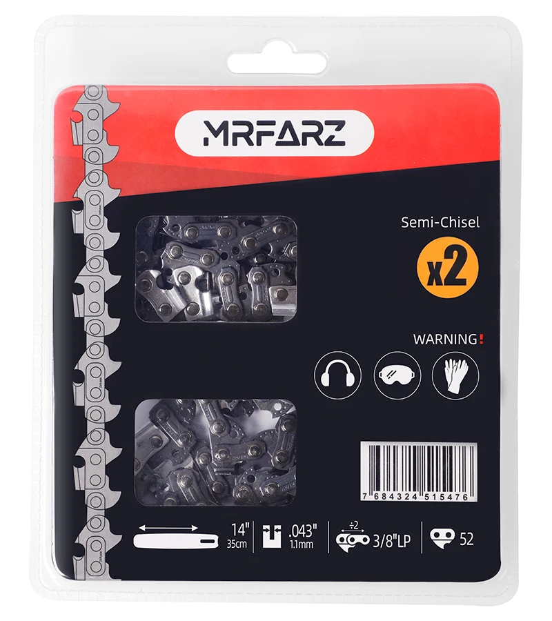 

MRFARZ, 2 шт., цепь для бензопилы, 14 дюймов, 3/8 дюйма, шаг LP, калибр 0,043 дюйма, 52, приводные звенья R52 Подходит для EGO CS1400/1401, Makita XCU03, Worx WG384