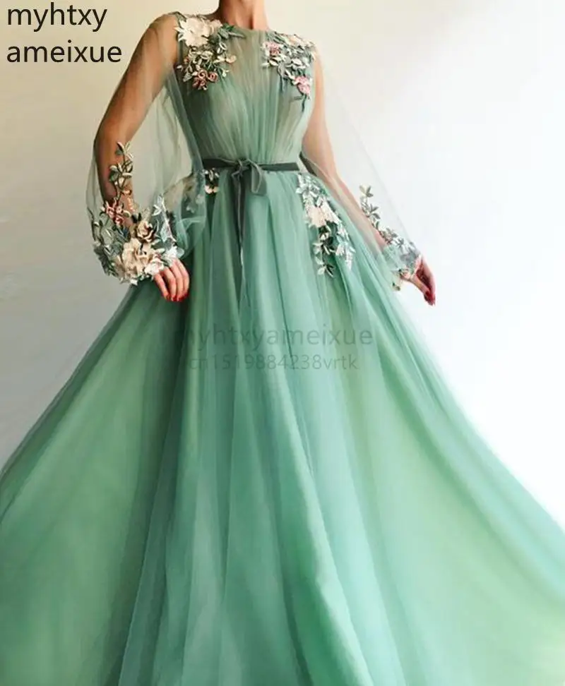 

Hot Greed Arrival Long Sleeve Super Fairy Evening Dress Kaftan Lace Prom Party Dresses Dubai Arabic Gown Robe Longue Soiree