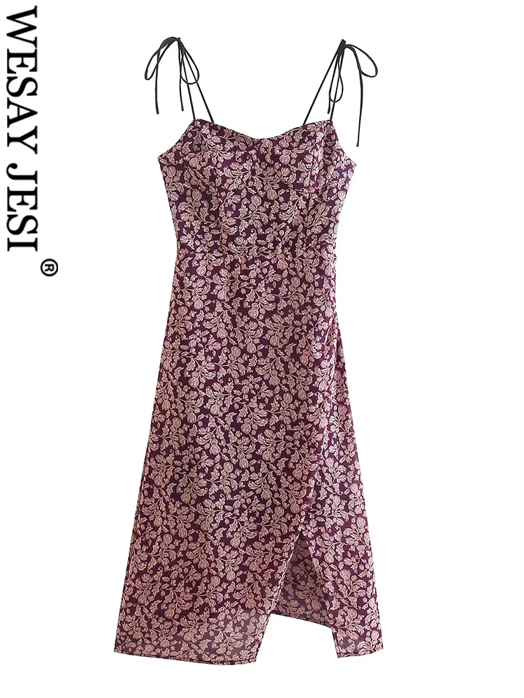 

WESAY JESI Print Purple Spaghetti Straps Bow Slim Dress Women Chest Wrap Sleeveless Elastic Overlap Slit Sexy Dress Fashion Wear