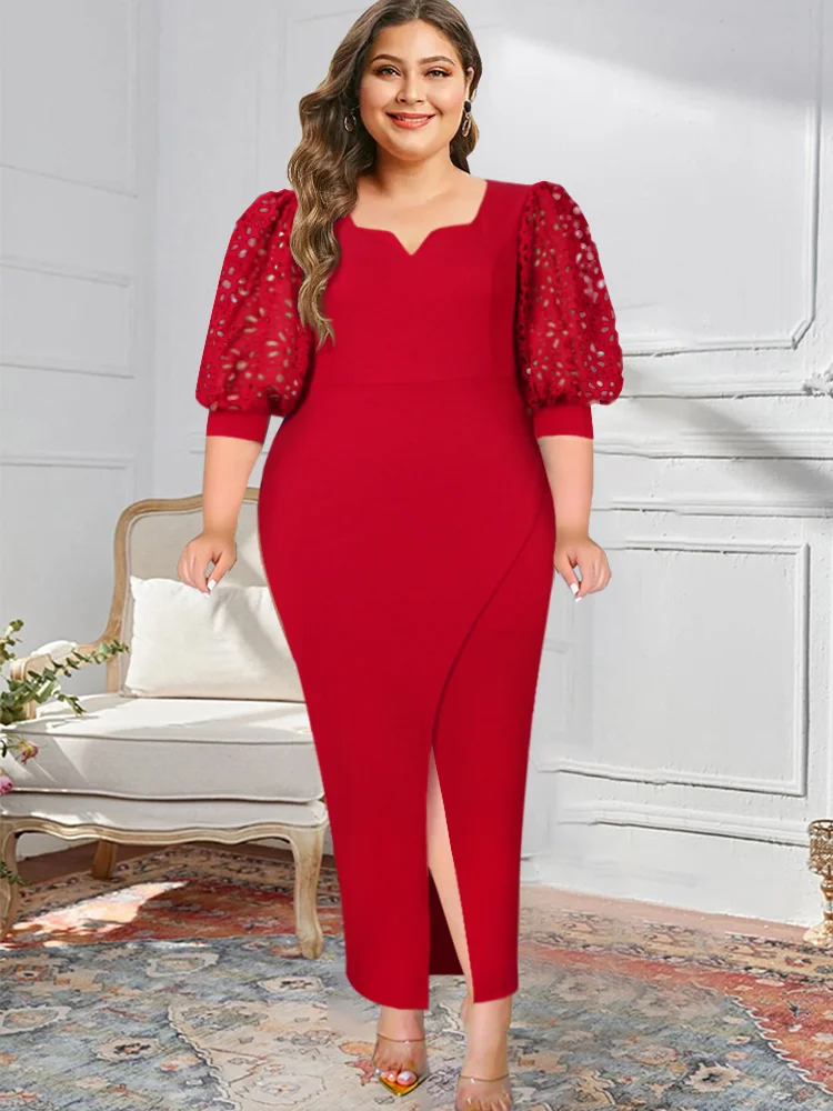 

Dresses Elegant Plus Size for Women Party Hollow Out Lantern Short Sleeve Slit Square Collar Ankle Length Prom Homecoming Dress