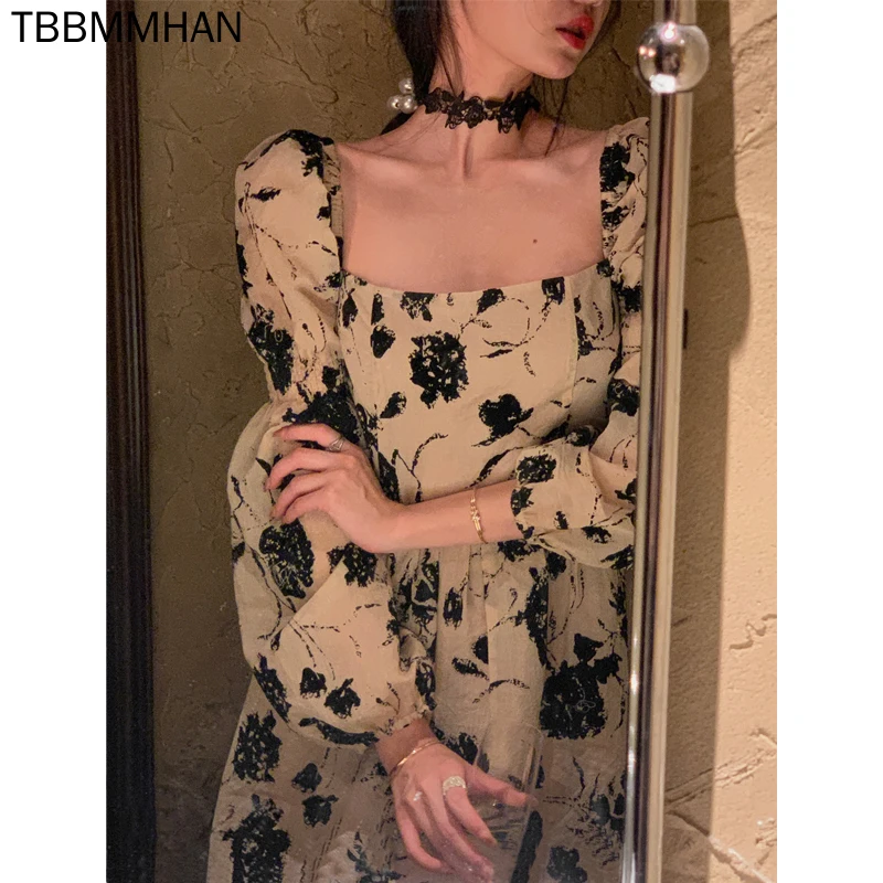 

Женское винтажное платье-миди с длинным рукавом и цветочным принтом