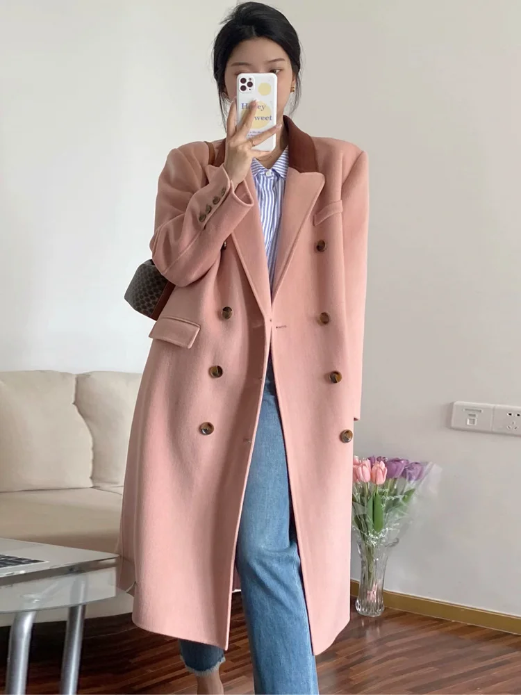 

Женское двустороннее кашемировое пальто в стиле Хепберн, розовое шерстяное пальто средней длины, весна 2023