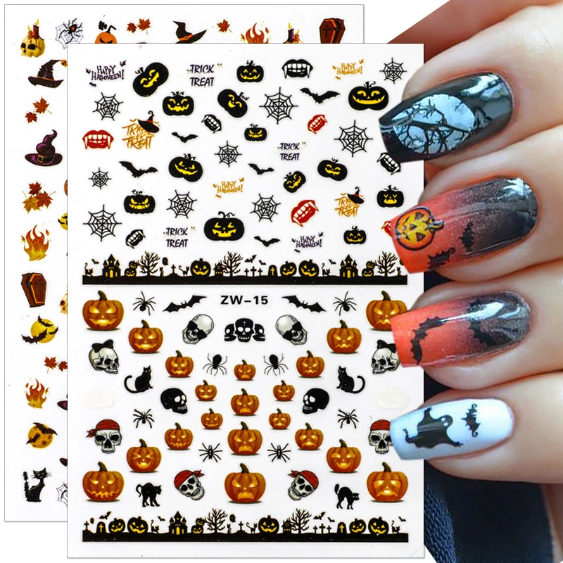 

3D наклейки на ногти на Хэллоуин, мультфильм, летучая мышь, Череп, шрамы, паук, тыква, наклейки для дизайна ногтей, Цветочные наклейки для ногт...