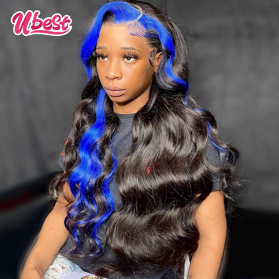 Ubest Transparent 13X4 Lace Frontal Wig Black With Sapphire Blue Human Hair Wigs Pre Plucked Body Wave Lace Front Wigs For Women