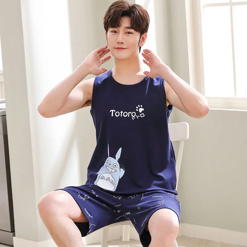 Mens Pajamas Summer Sleeveless Vest 2 Pack Nightwear For Young Boy INS Cartoon Hombre Pijama Mujer Anime Homewear