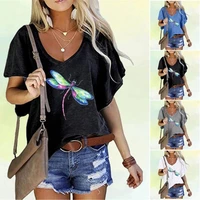 women dragonfly printed top deep v collar tee shirt fashion blouse summer short sleeve top ladies loose t shirt