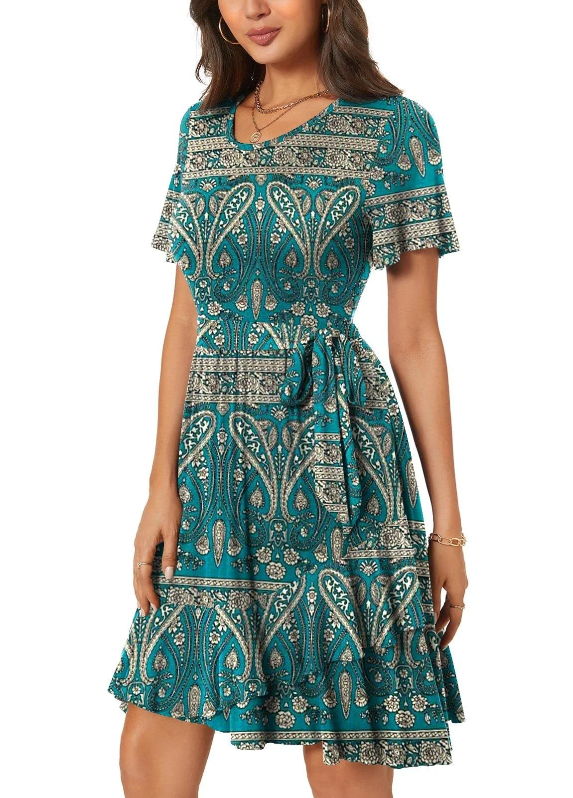 

2023 Women's Summer Elastic Cool Dress Lace Up Round Neck Printing Short Sleeve Waist Irregular Dress