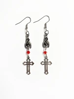 dark gothic style exaggerated red vampire bat red blood glass crystal water droplets cross stud earrings
