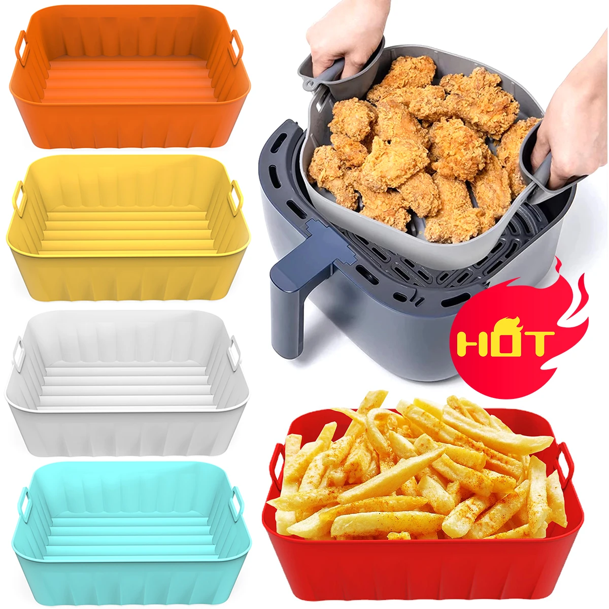 

Квадратная корзина для фритюрницы с ручками, Силиконовый поднос для фритюрницы, многоразовые вкладыши, антипригарный коврик для барбекю, к...