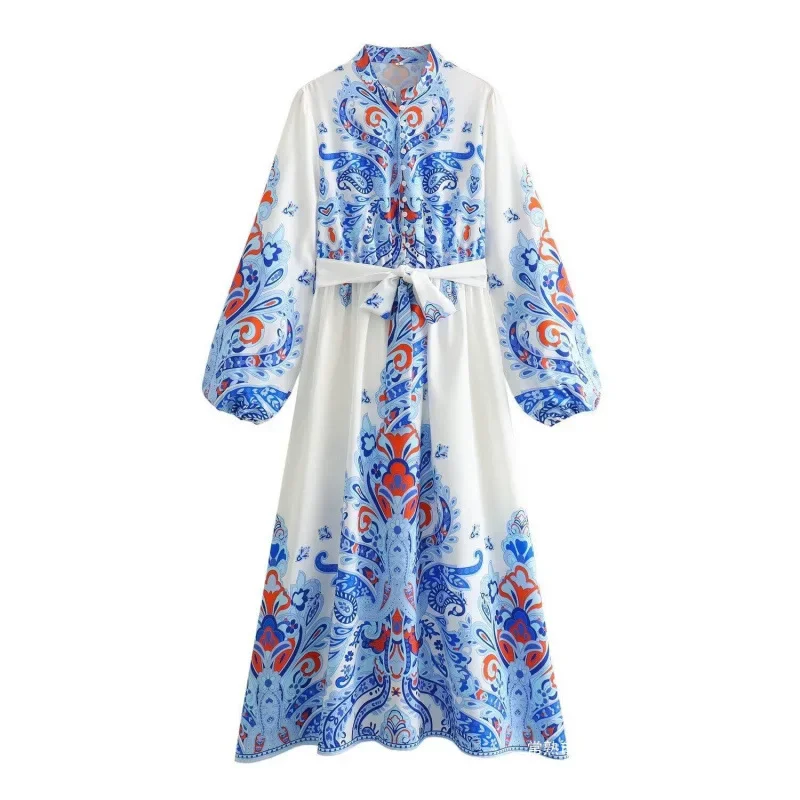 Весна 2024 женские платья с принтом в стиле Instagram для отпуска длинным рукавом