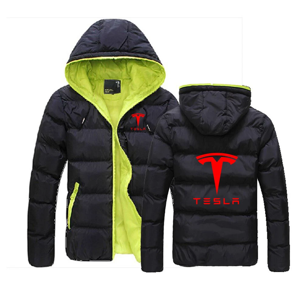 

Tesla Printed Men's Autumn Winter Color Block Zipper Warm Cotton Coat Harajuku Style Casual Hooded Jacket Fashion Outdoor
