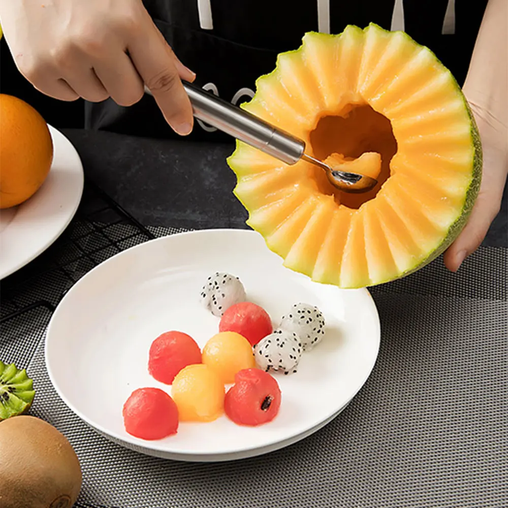 

NEW Stainless Steel Watermelon Slicer Fruit Knife Cutter and Ice Cream Ballers Melon Scoop Double Size Spoon Set Kitchen Tools