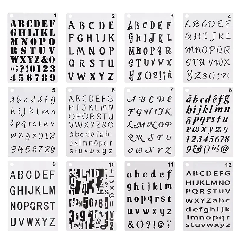 

12 Pcs Letters Number Alphabet Stencils Template Planner For Notebook Diary Scrapbook Craft Project DIY Drawing Painting