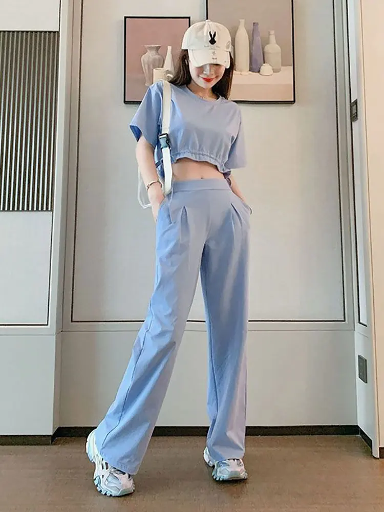 

Summer Leisure Sports Suit Women Summer New Sportswear Short Waist High Waist Wide-Leg Pants Two-Piece Fitness Exercise Set