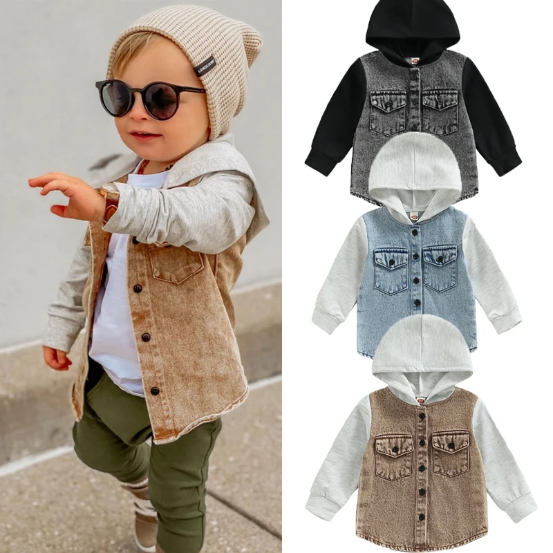 

Jacket Outwear Color Sleeve Kid Pockets Autumn Hooded Denim Long Colors Coat 3 Patchwork Buttons Boy