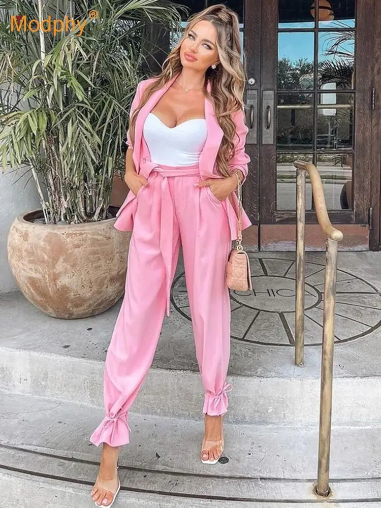 

High-Quality Elegant Ol Pants Two-Piece Set Women Suit 2022 Autumn New Pink Corset Lace-Up Blazer + High Waist Straight Trousers