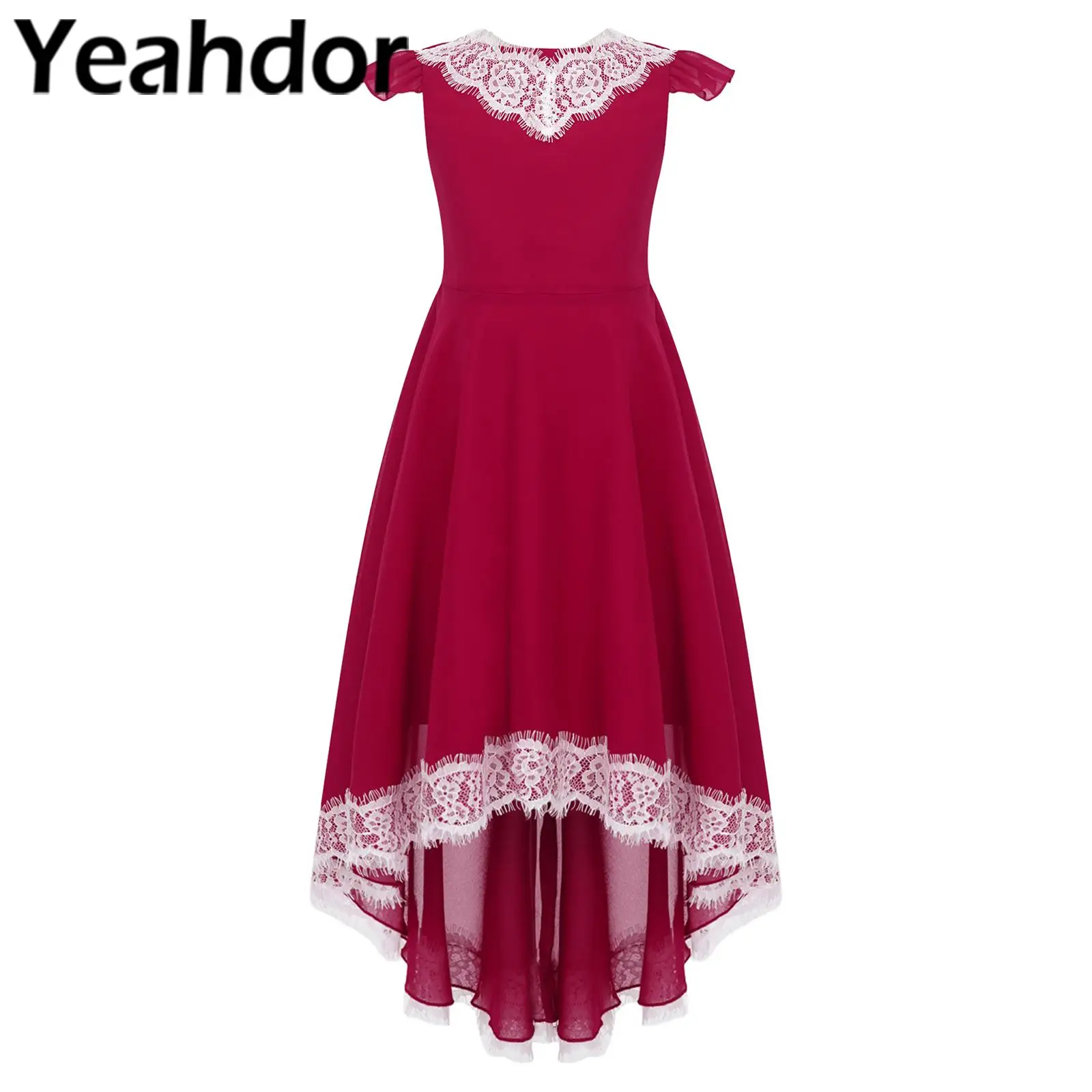 

Girls Party Dresses Elegant Lace Patchwork High-low Hem Chiffon Junior Bridesmaid Dress Flower Girls Wedding Dress Kids Robes
