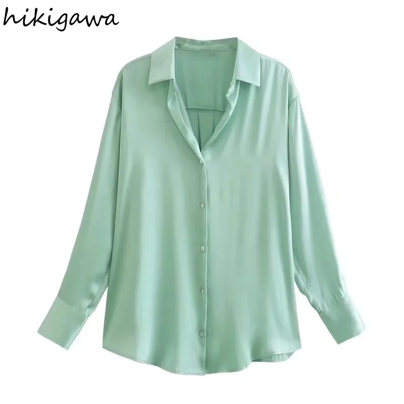 

Модная женская уличная одежда Hikigawa, однотонные повседневные рубашки из поплина на пуговицах, винтажная женская блузка с длинным рукавом, ши...