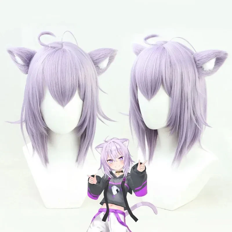 Фото Новый парик VTuber Nekomata Okayu с ушками Hololive Gamers, сиреневый, прямой, короткий, для косплея, синтетические волосы Holx;3'7\