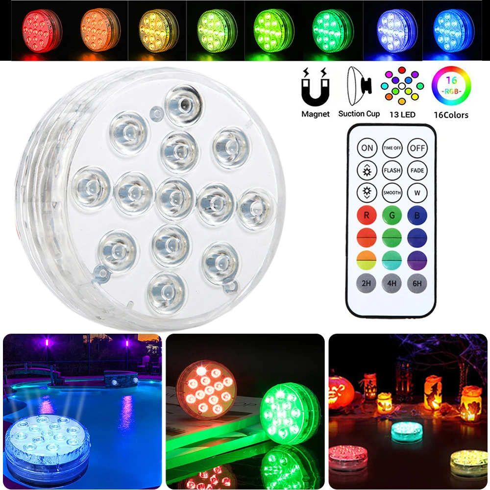 

13 LEDS Underwater Light 16 Colors RGB IP68 Waterproof Swimming Pool Light RF Remote Control Submersible Lights For Pond Vase