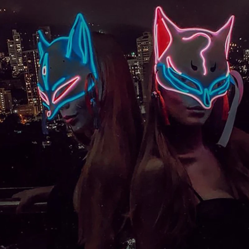 Японская маска EL Wire в стиле аниме лисы с неоновой подсветкой на половину лица LED для Хэллоуина, карнавальной вечеринки.