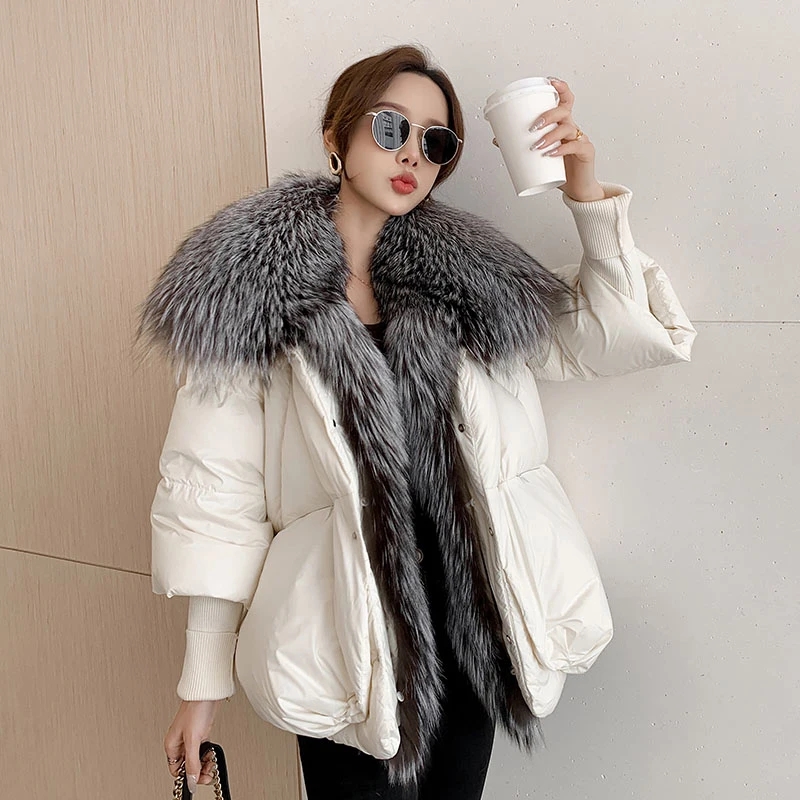 2022 Autumn Winter Oversized Winter Warm Real Fox Fur Collar Black Down Coat Women Puffer Outerwear Jackets