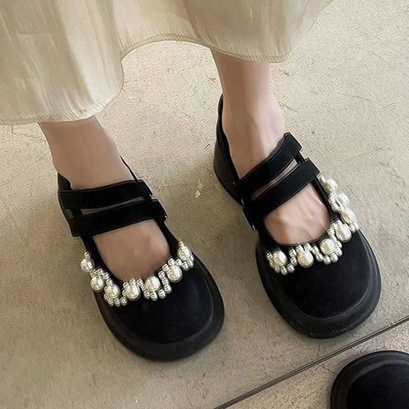 

Rimocy Fashion Pearl Mary Janes Shoes Women Hook Loop Round Toe Platform Pumps Woman 2022 Balck Pu Leather Med Heels Party Shoes