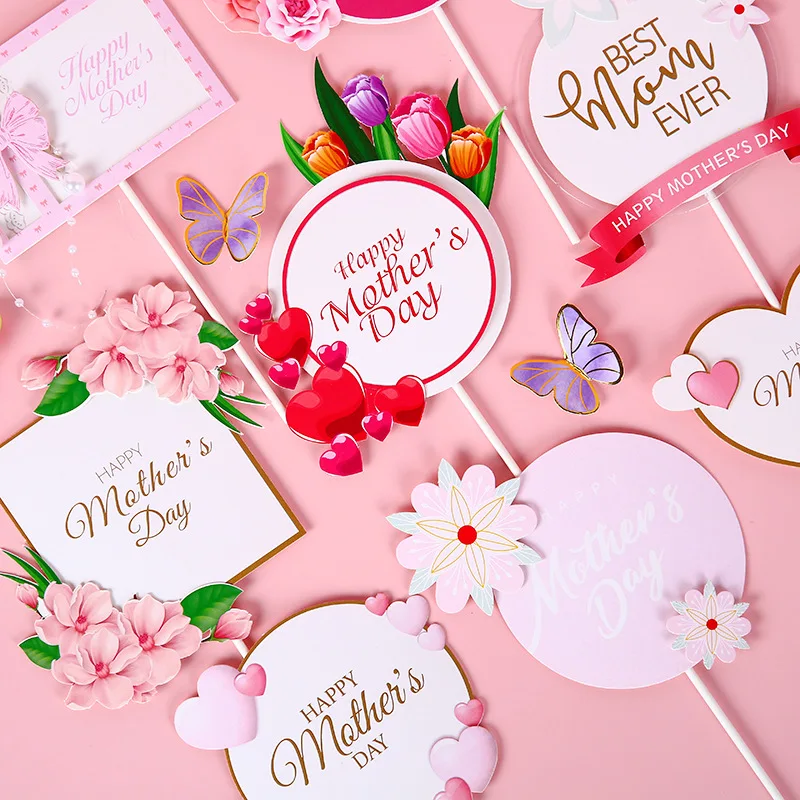 

Red Pink Flower Paper Happy Mother's Day Cake Topper Best Mom Ever Party Supplies Baking Accessories Cake Decorating Tools