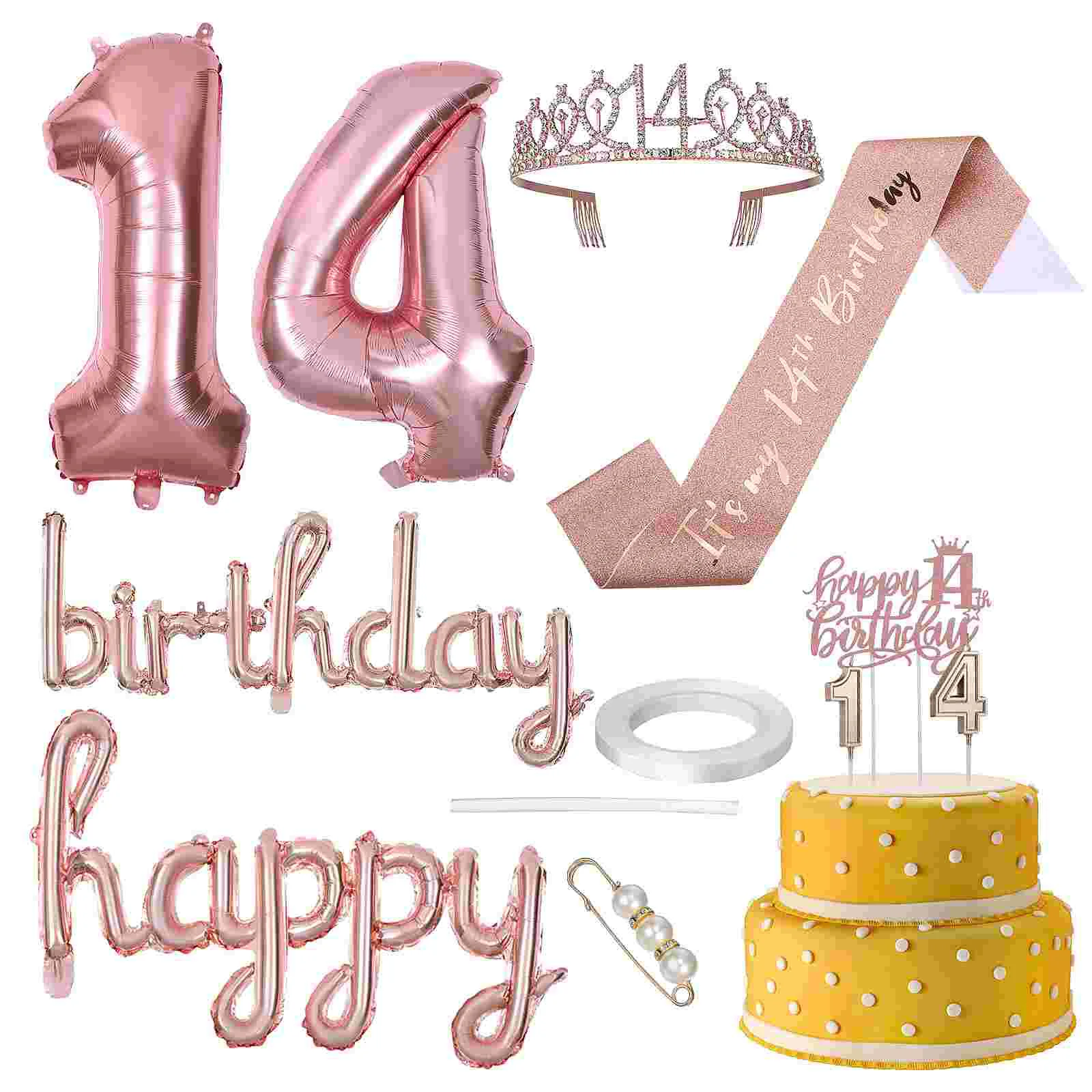 

14th Happy Birthday Ballon Women Girls Balloons Crown Sash Party Year Old Gifts Make