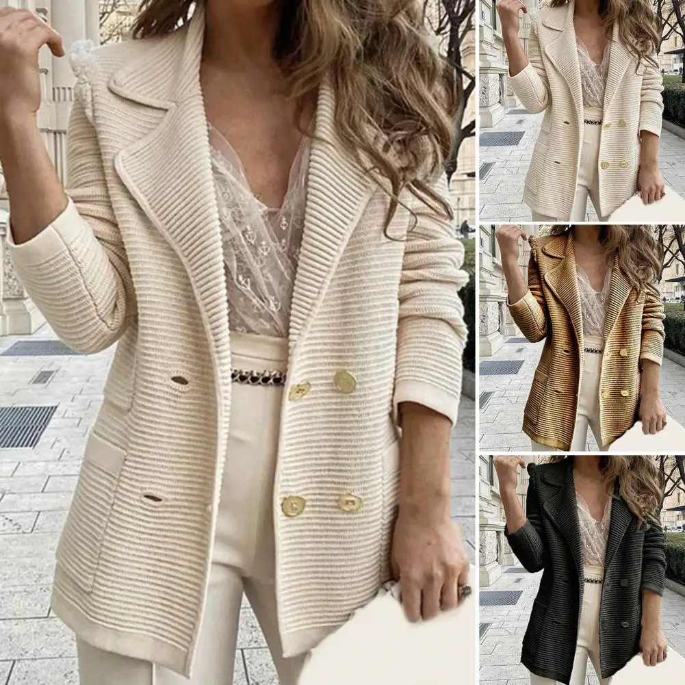 

Stylish Women Cardigan Jacket Elegant Women Blazer Slim Fit Dressing Horizontal Stripes Long Sleeve Suit Coat