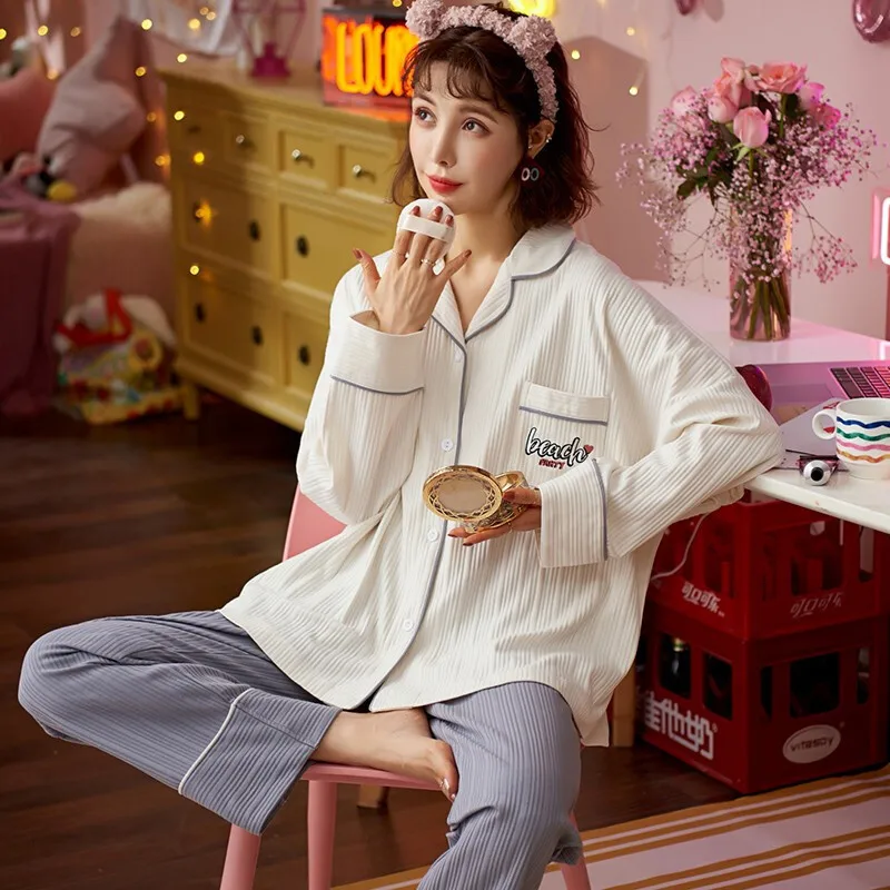 Pyjama Sets of Women 2 Pcs Elegant Cotton Night Wears for Women Pajamas New Set Long Sleeve Homewear Student Free Shipping