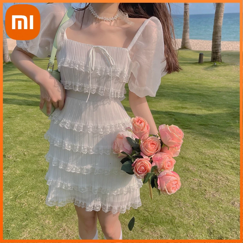 

Xiaomi White Mesh Fairy Dress Women Ruffle Backless Designer Holiday Beach Dress Summer Party Mini Birthday Dress Women Korean