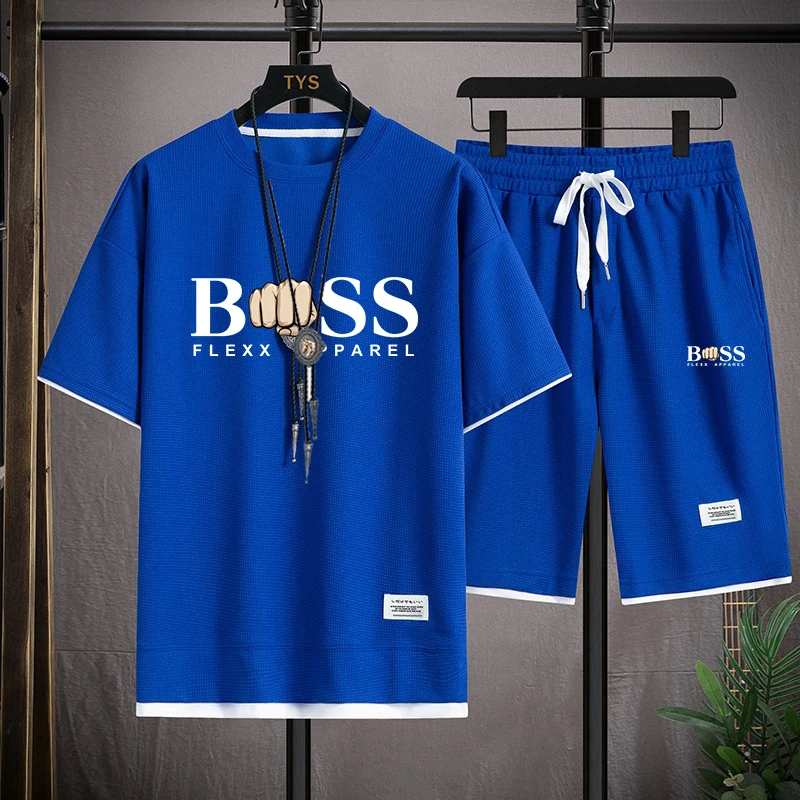 Waffle Pattern 2 Piece Men Shorts Set Summer Tracksuit Men Fashion Clothing Harajuku Style Japan Fashion Loose Fit Sweatsuit